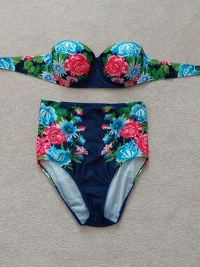 Navy Floral High-Waist Bikini Set - Pink & Blue Roses